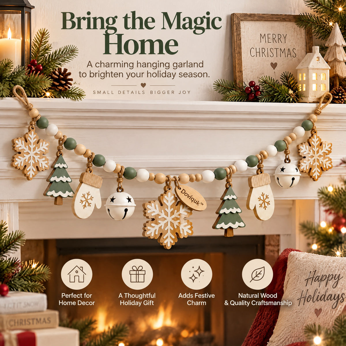 Doviquk™ Christmas Snowflakes, Trees & Bells Hanging Garland home setting