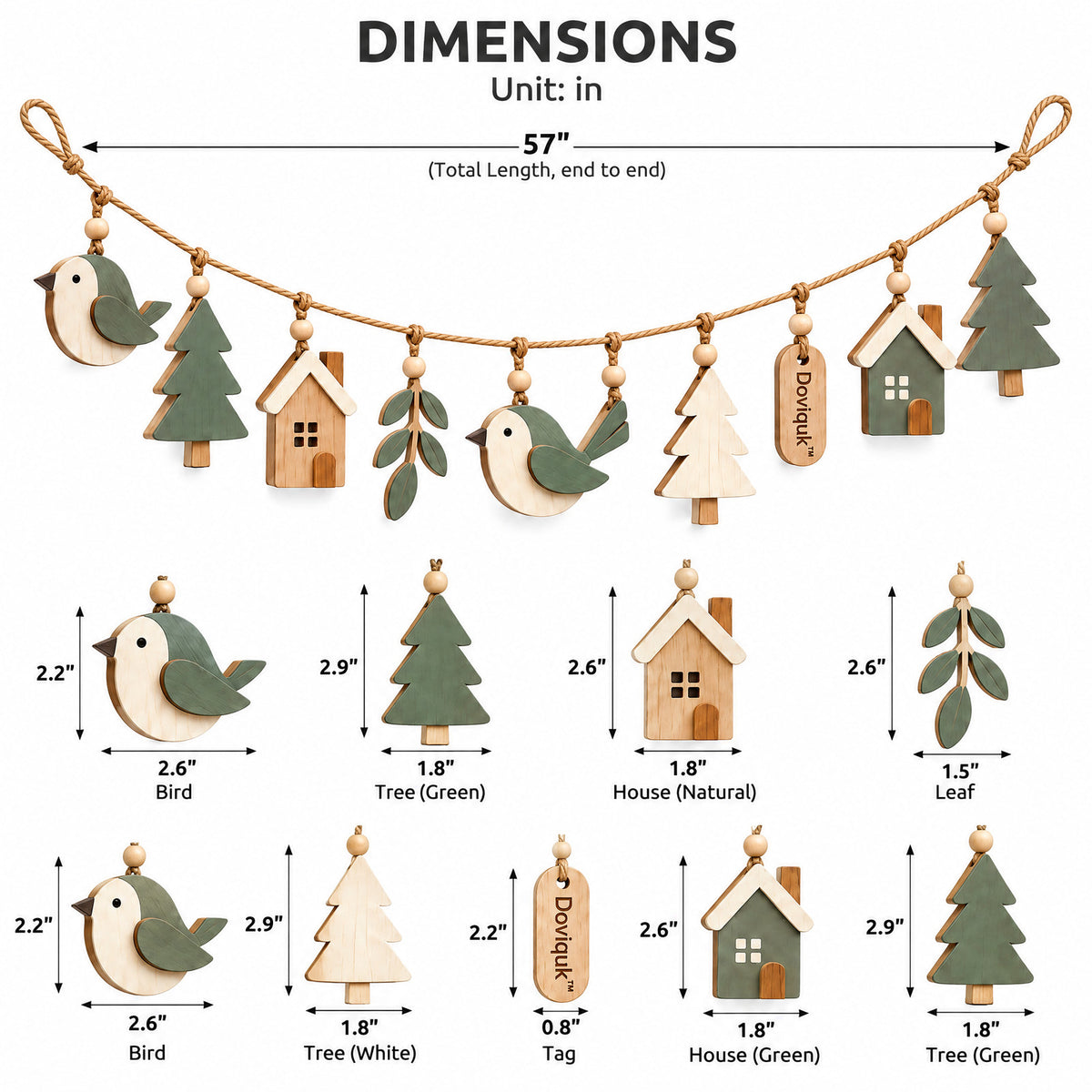 Doviquk™ Woodland Birds, Trees & Tiny Houses Wooden Garland - dimensions chart