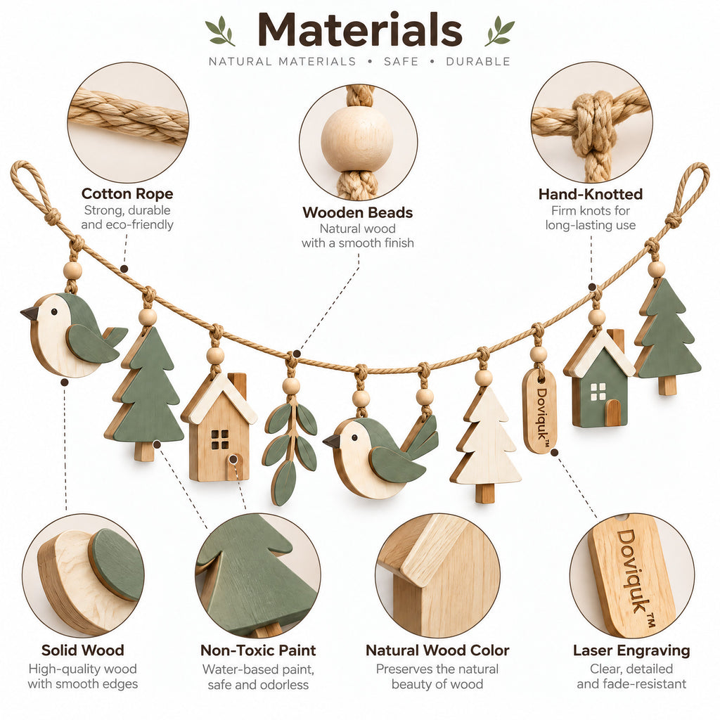 Doviquk™ Woodland Birds, Trees & Tiny Houses Wooden Garland - material details