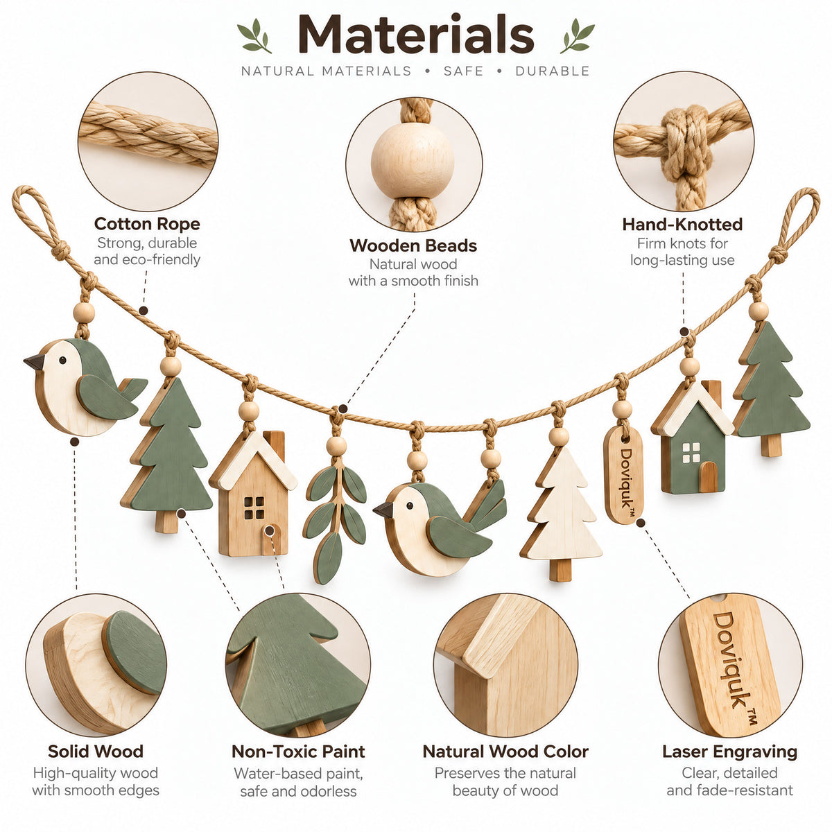 Doviquk™ Woodland Birds, Trees & Tiny Houses Wooden Garland - material details