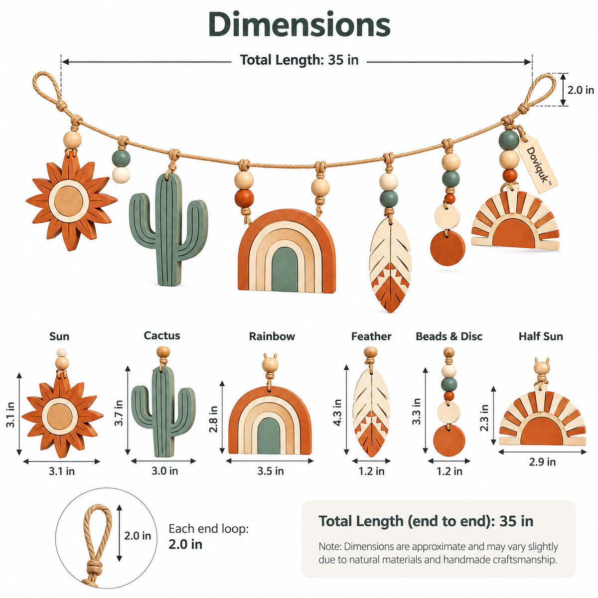 Doviquk™ Desert Sun, Cactus & Rainbow Boho Wooden Garland - dimensions chart