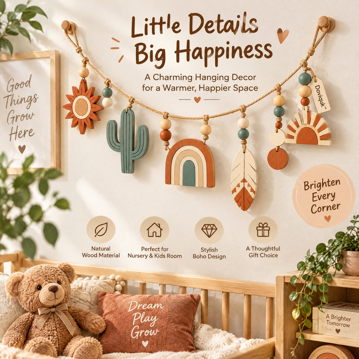 Doviquk™ Desert Sun, Cactus & Rainbow Boho Wooden Garland - in room