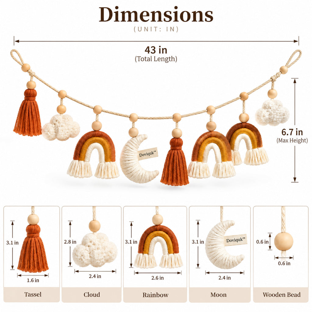 Doviquk™ Boho Rainbow, Cloud & Moon Nursery Hanging Garland — dimensions