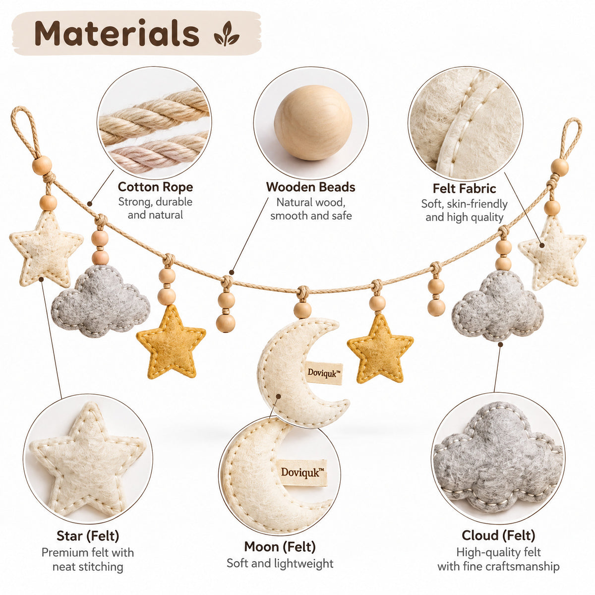 Doviquk™ Dreamy Moon, Stars & Clouds Felt Hanging Garland - Materials