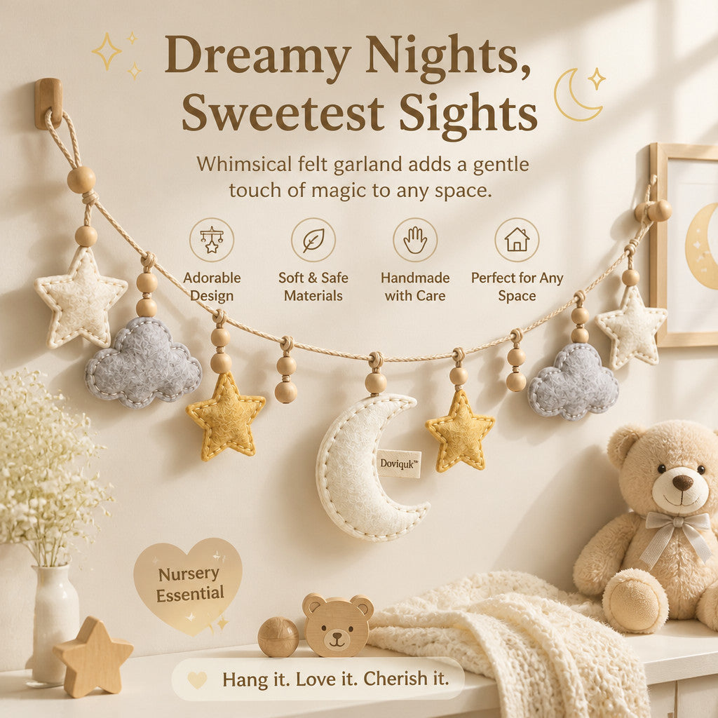 Doviquk™ Dreamy Moon, Stars & Clouds Felt Hanging Garland - Lifestyle