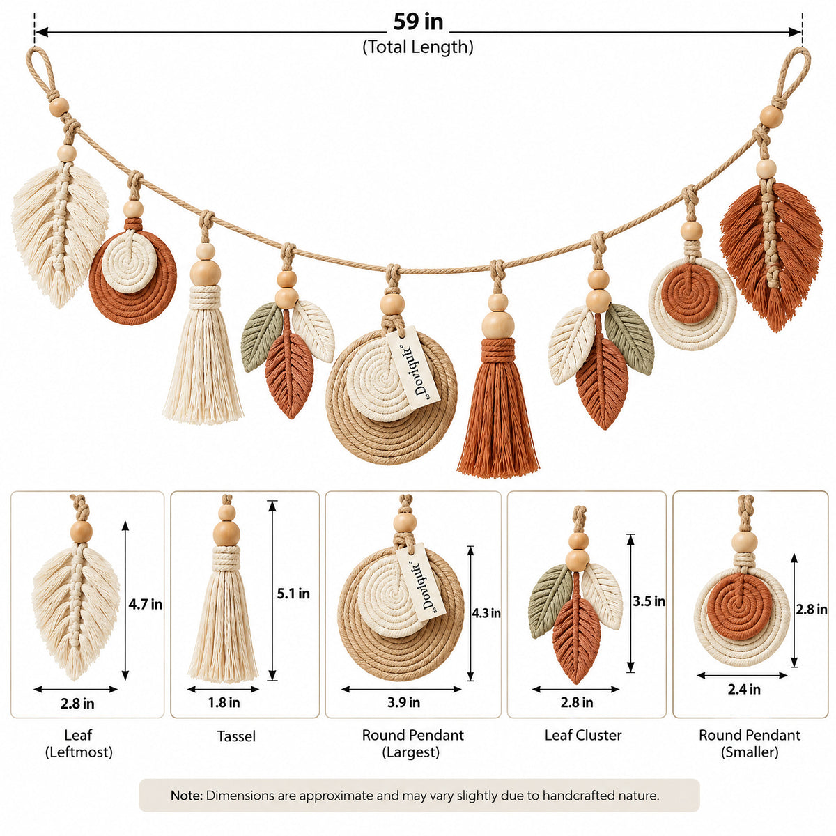 Doviquk™ Autumn Macramé Leaves & Tassel Boho Wall Garland - dimensions