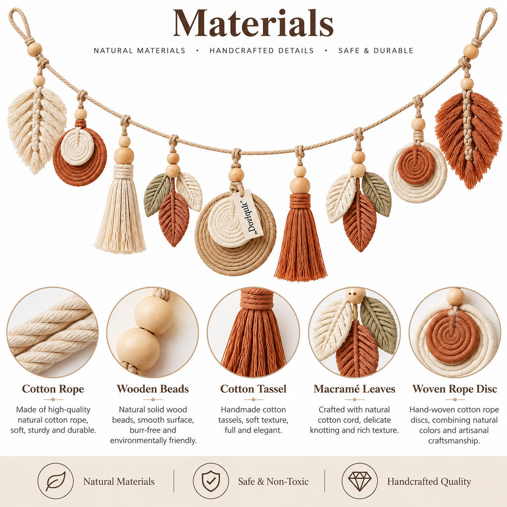 Doviquk™ Autumn Macramé Leaves & Tassel Boho Wall Garland - materials