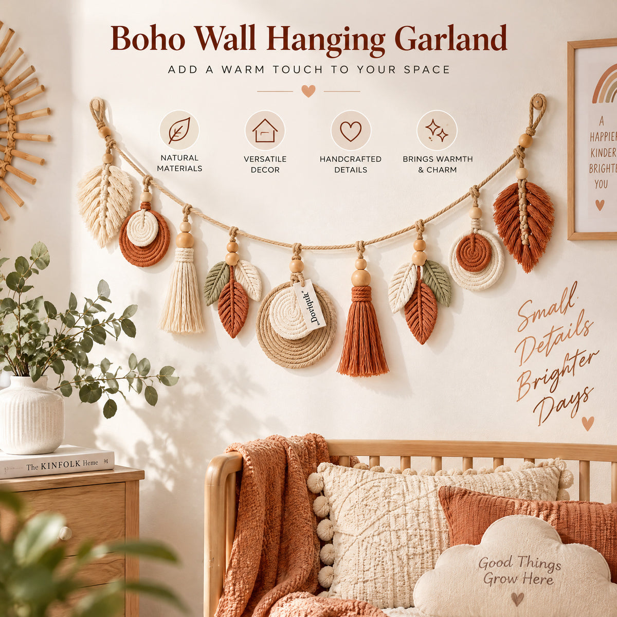 Doviquk™ Autumn Macramé Leaves & Tassel Boho Wall Garland - styled scene