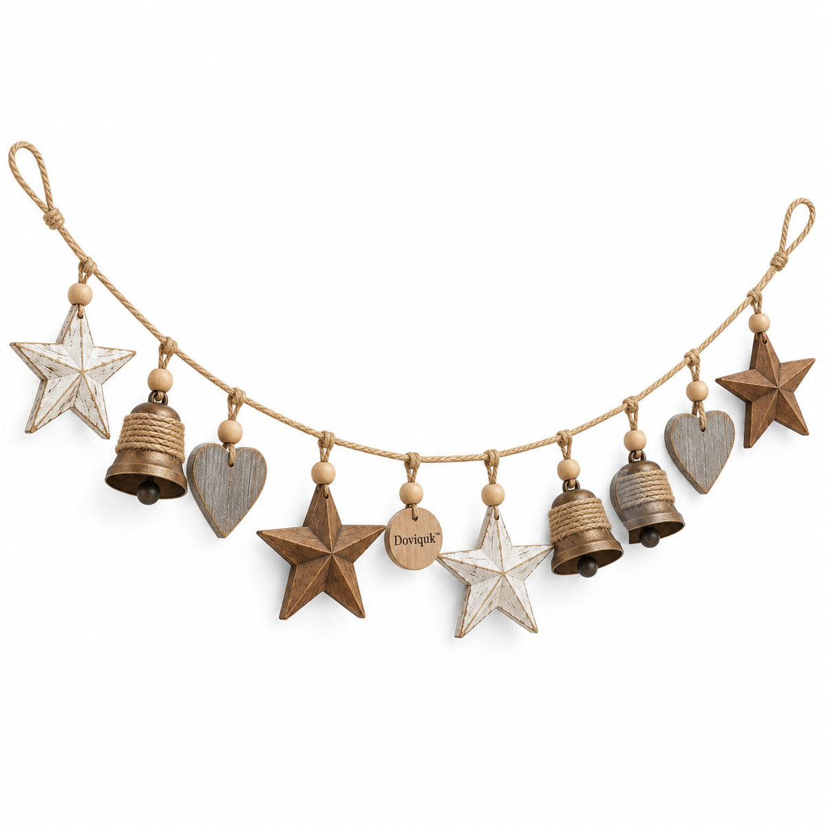 Doviquk™ Rustic Farmhouse Wooden Stars, Hearts & Bells Garland - hero