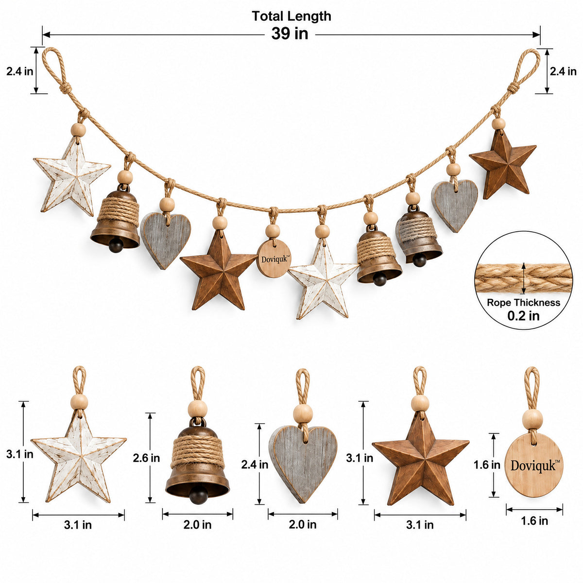 Doviquk™ Rustic Farmhouse Wooden Stars, Hearts & Bells Garland - dimensions