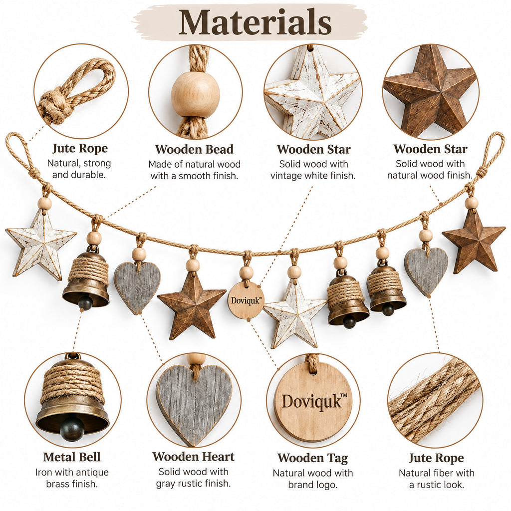 Doviquk™ Rustic Farmhouse Wooden Stars, Hearts & Bells Garland - materials