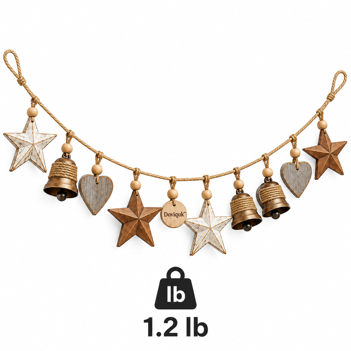 Doviquk™ Rustic Farmhouse Wooden Stars, Hearts & Bells Garland - weight