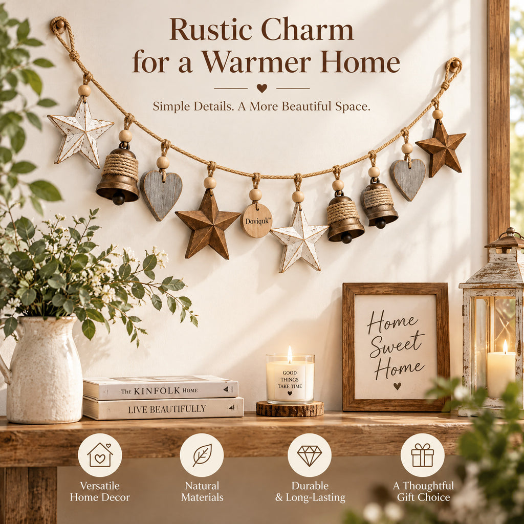 Doviquk™ Rustic Farmhouse Wooden Stars, Hearts & Bells Garland - styled scene