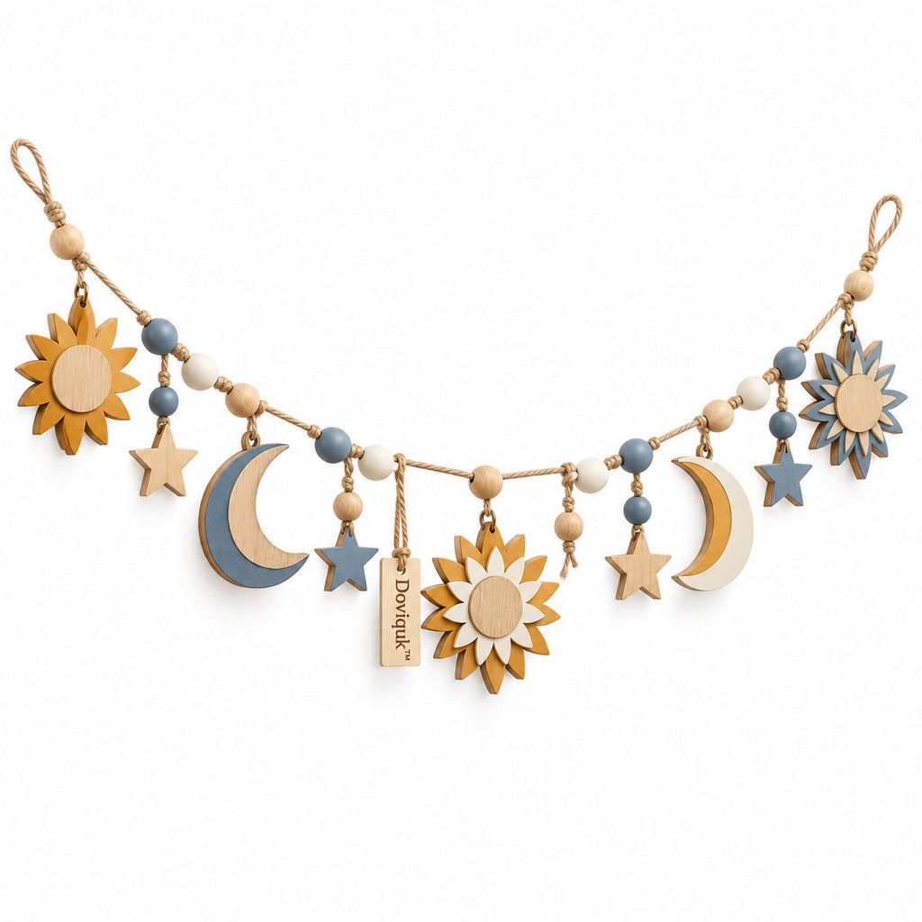 Doviquk™ Sun, Moon & Stars Wooden Garland — Blue & Golden Yellow — main image