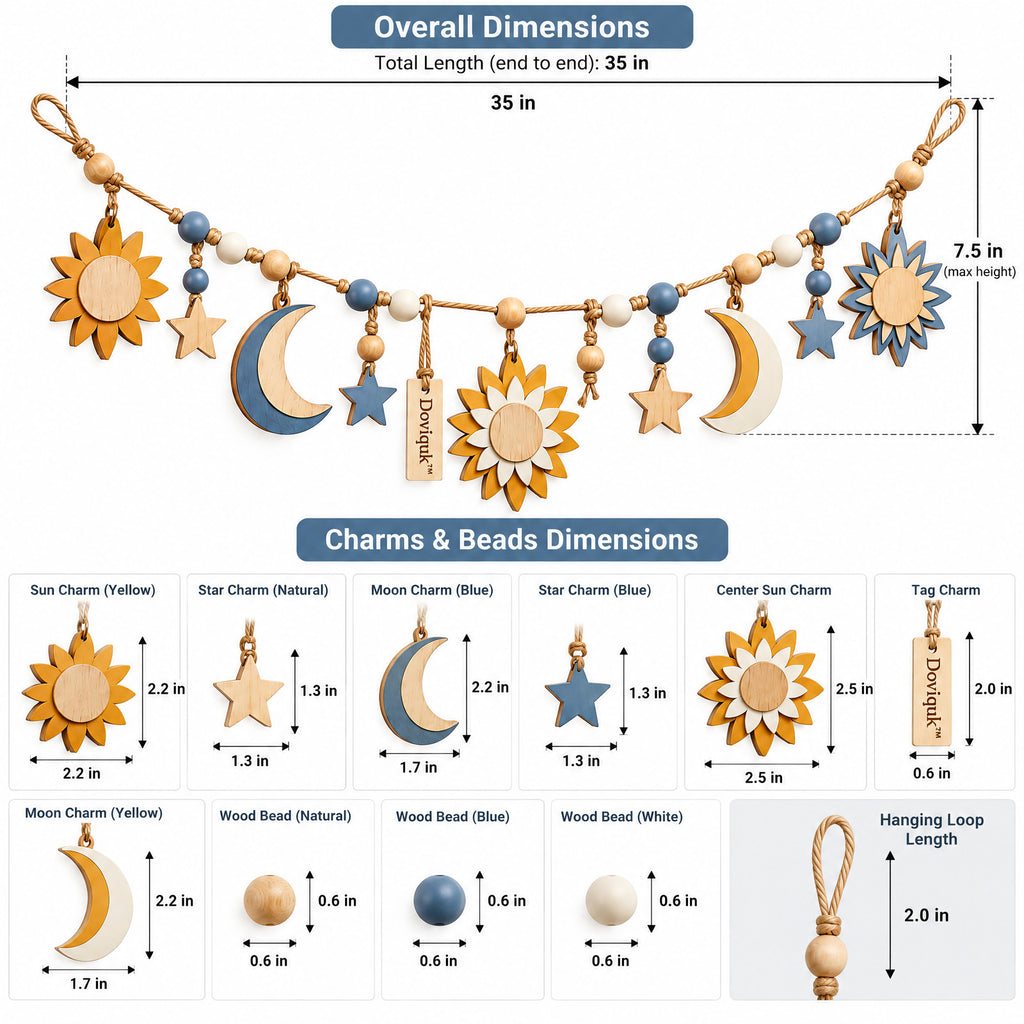 Doviquk™ Sun, Moon & Stars Wooden Garland — Blue & Golden Yellow — dimensions