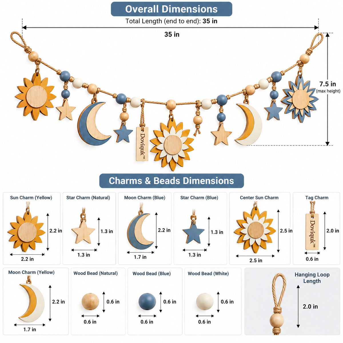 Doviquk™ Sun, Moon & Stars Wooden Garland — Blue & Golden Yellow — dimensions