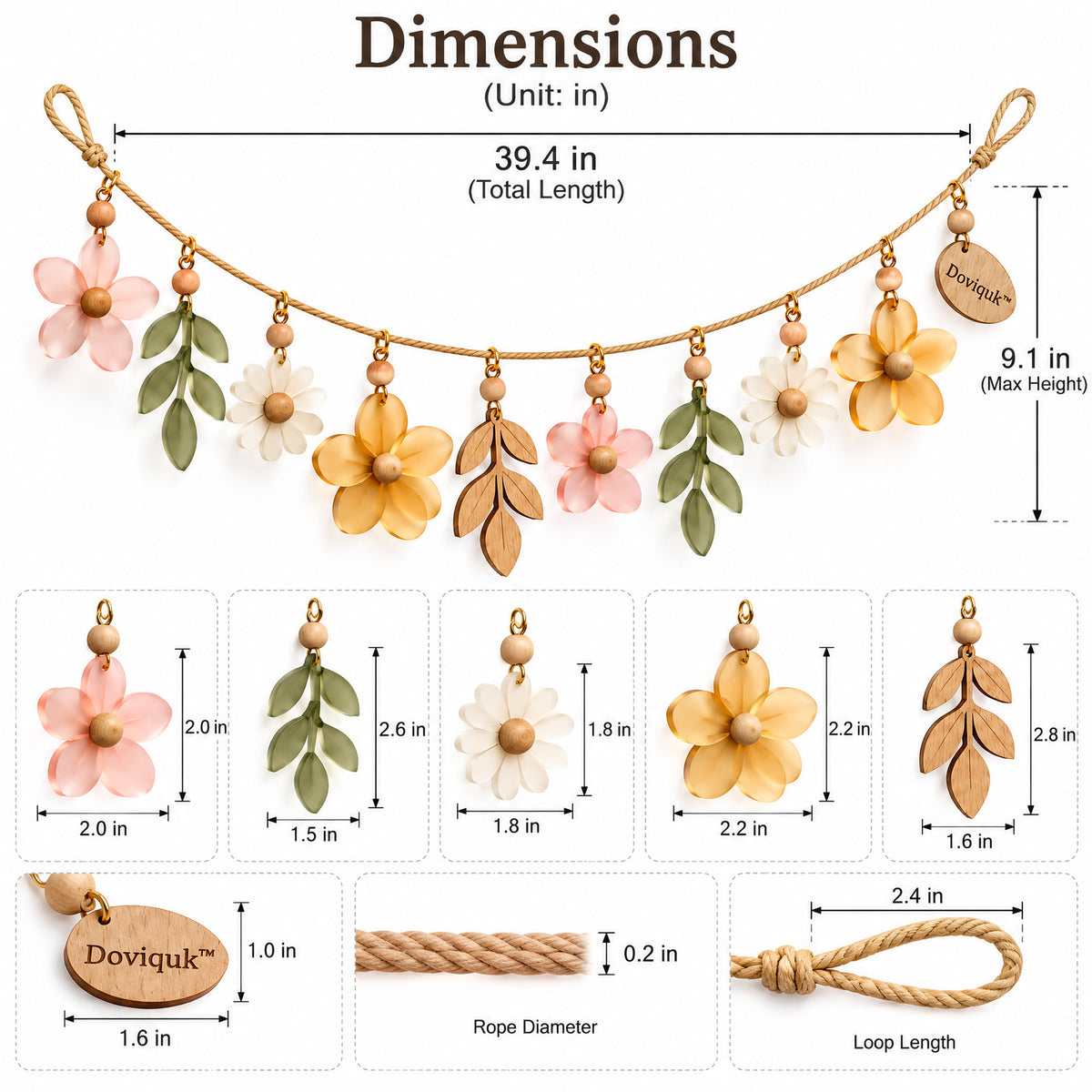 Doviquk™ Blush & Honey Blossom Floral Hanging Garland: dimensions