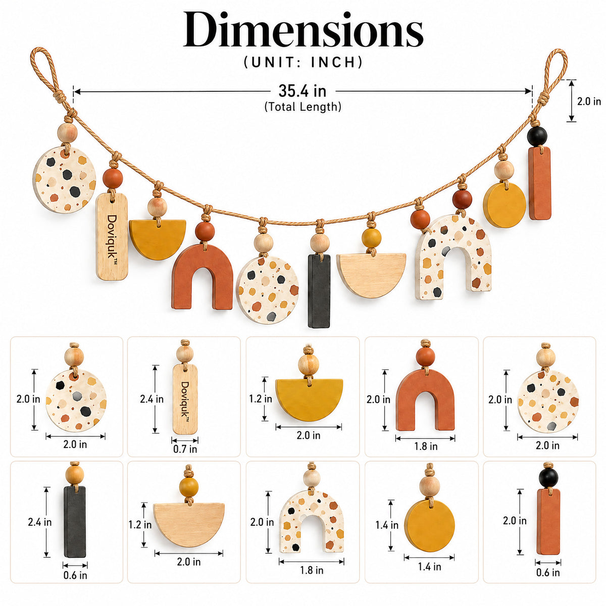 Doviquk™ Playful Boho Abstract Wooden Shapes Nursery Garland: dimensions