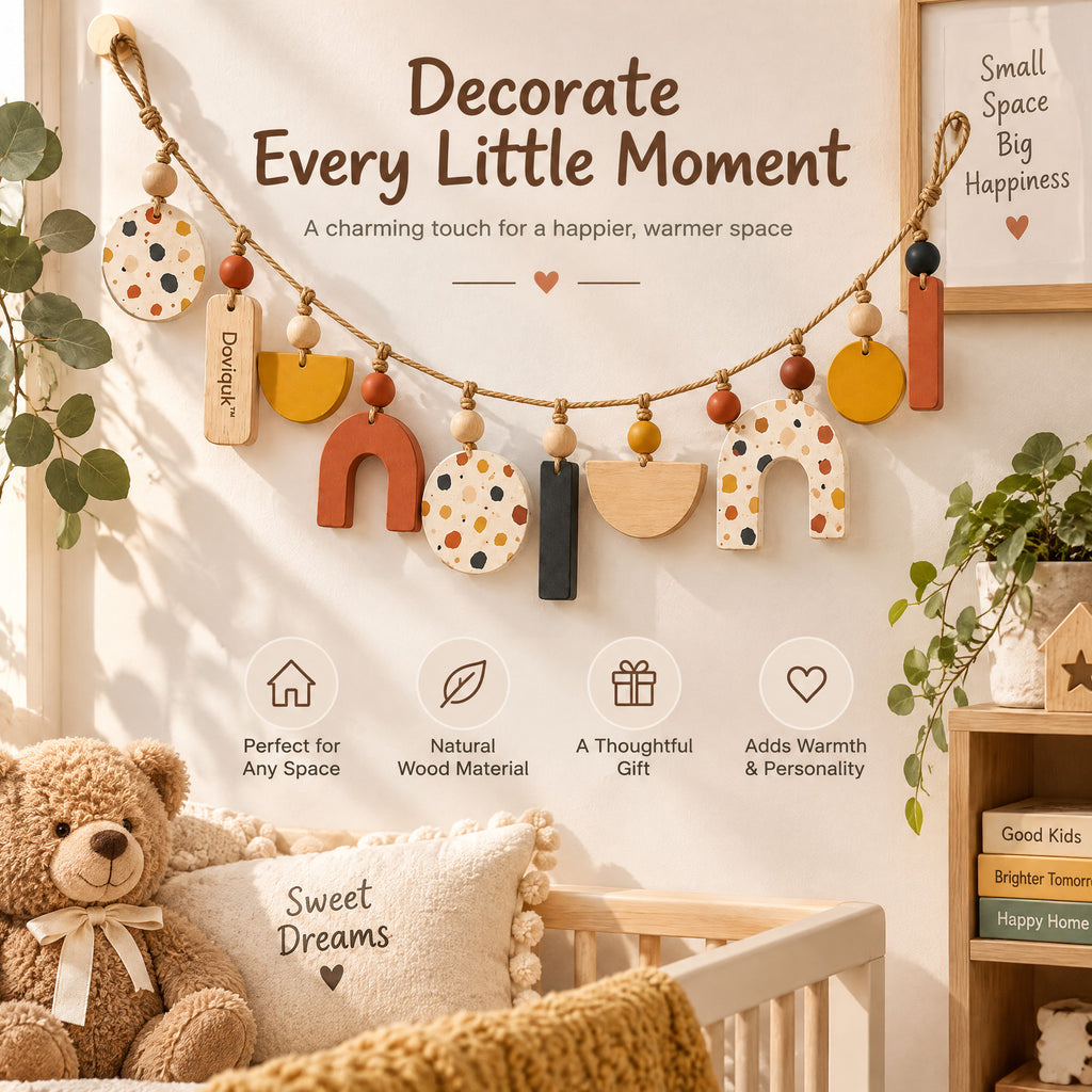 Doviquk™ Playful Boho Abstract Wooden Shapes Nursery Garland: scene